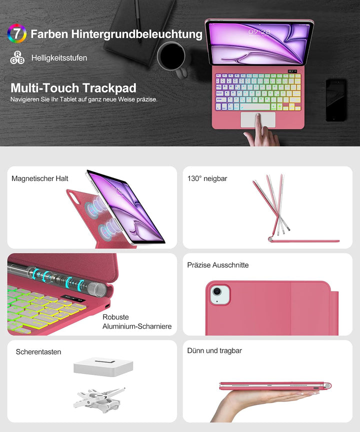 JADEMALL Magic Keyboard für iPad Air 11" (M4 2026/M3 2025/M2 2024) - QWERTZ Tastatur mit Beleuchtung