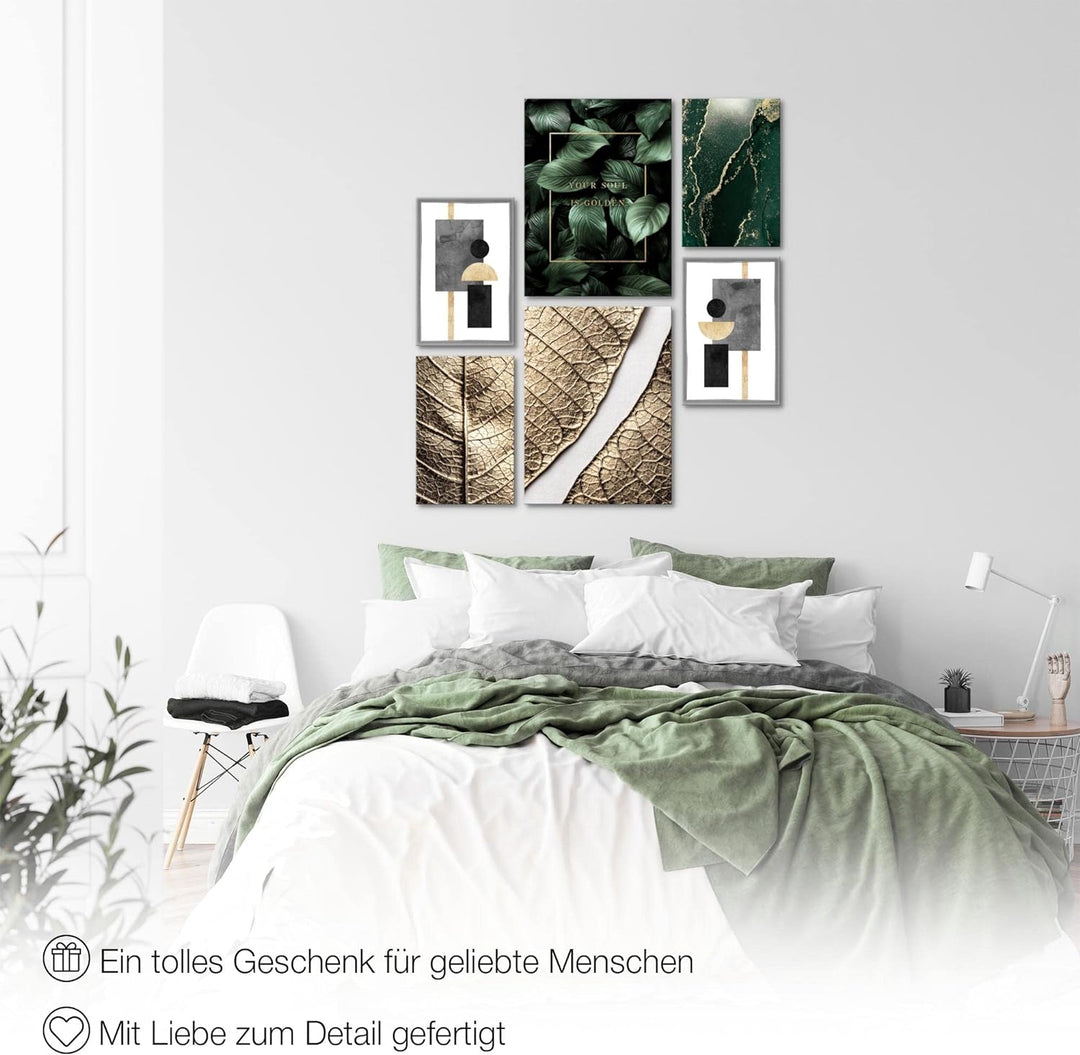 Novart Bilder Set - AUFHÄNGFERTIG - KEIN EXTRA RAHMEN BENÖTIGT - Abstrakt Figuren Blätter Modern Gol