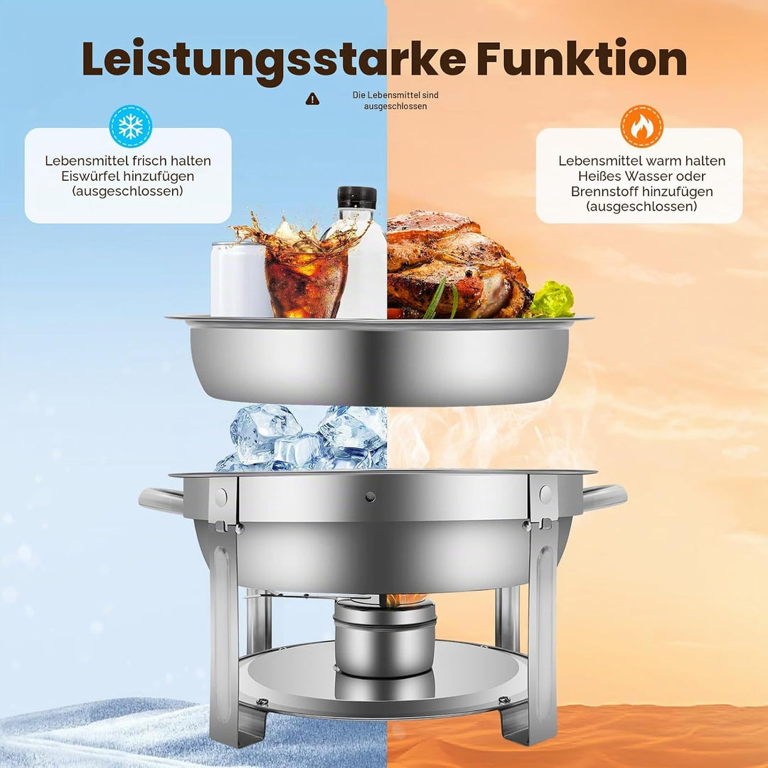 7.5L Edelstahl Rund Chafing Dish, Speisenwärmer Profi Set, Warmhaltebehälter, mit Brennstoffpastenbe
