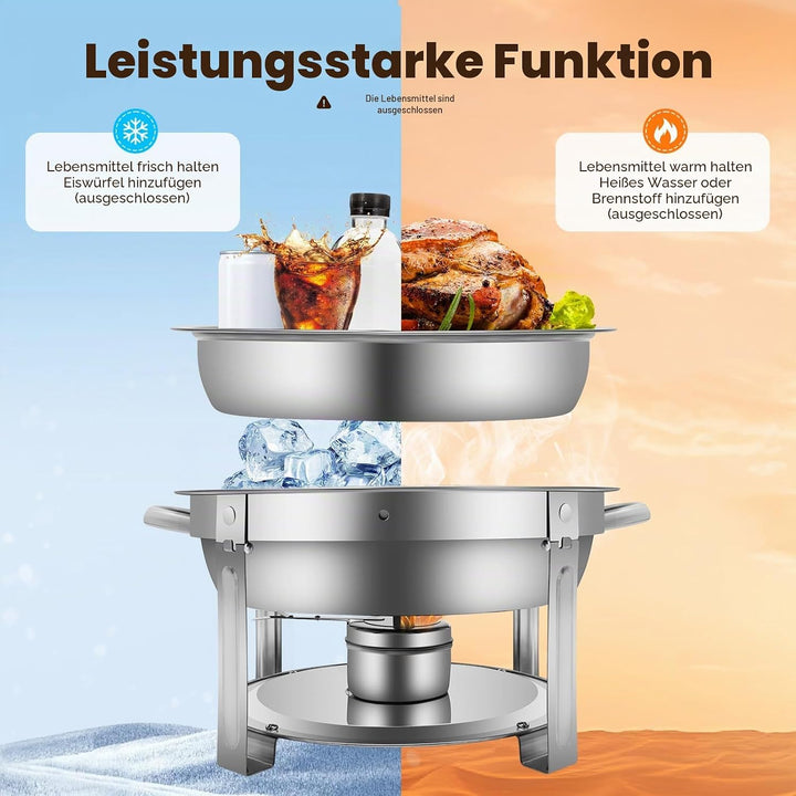 7.5L Edelstahl Rund Chafing Dish, Speisenwärmer Profi Set, Warmhaltebehälter, mit Brennstoffpastenbe