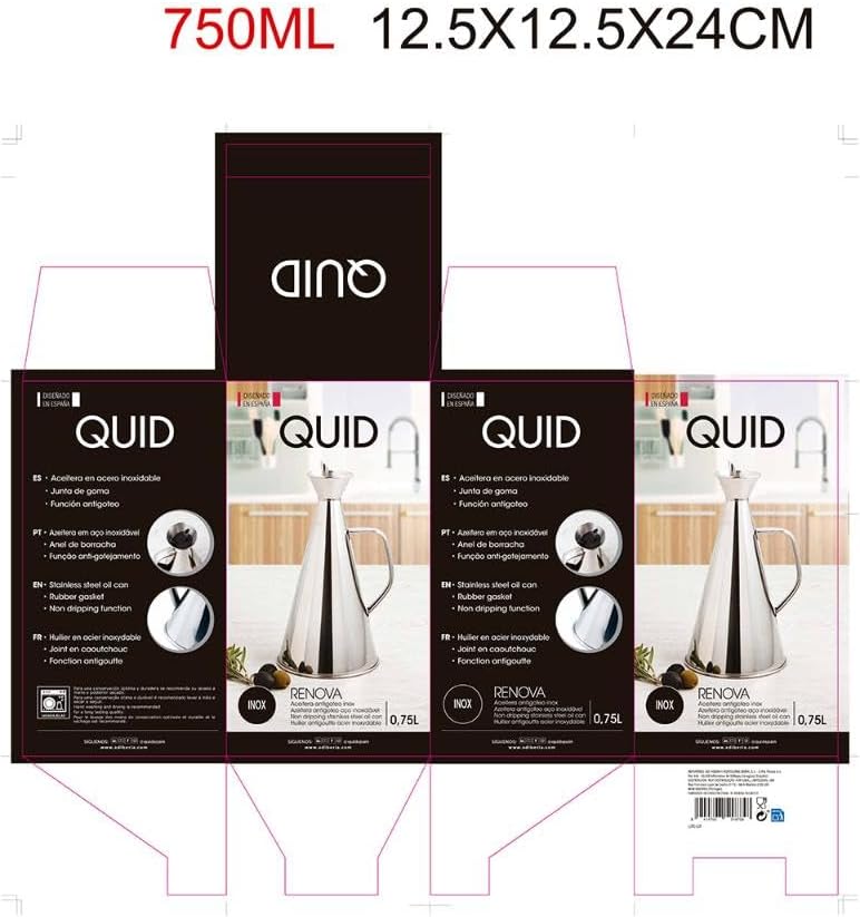 Quid 7694003 Renova Ölspender, auslaufsicher, INOX, 75 cl, Transparent, 15 x 15 x 30 cm 4390 ml, 439