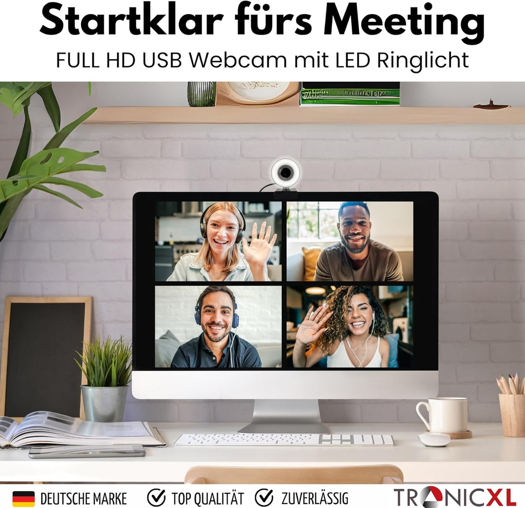 TronicXL Webcam Full HD mit Ringlicht Lampe 1920x1080p Autofokus I 2 Mikrofone Geräuschunterdrückung