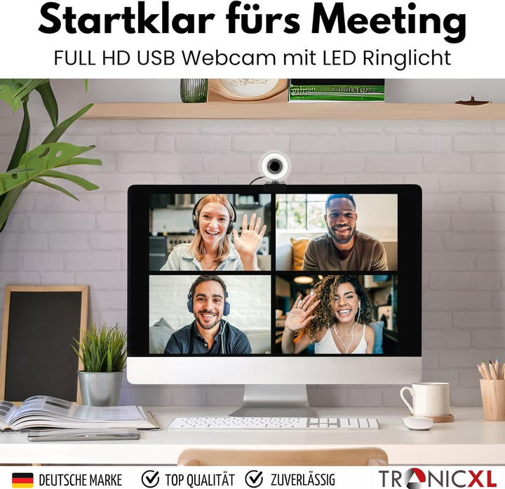 TronicXL Webcam Full HD mit Ringlicht Lampe 1920x1080p Autofokus I 2 Mikrofone Geräuschunterdrückung
