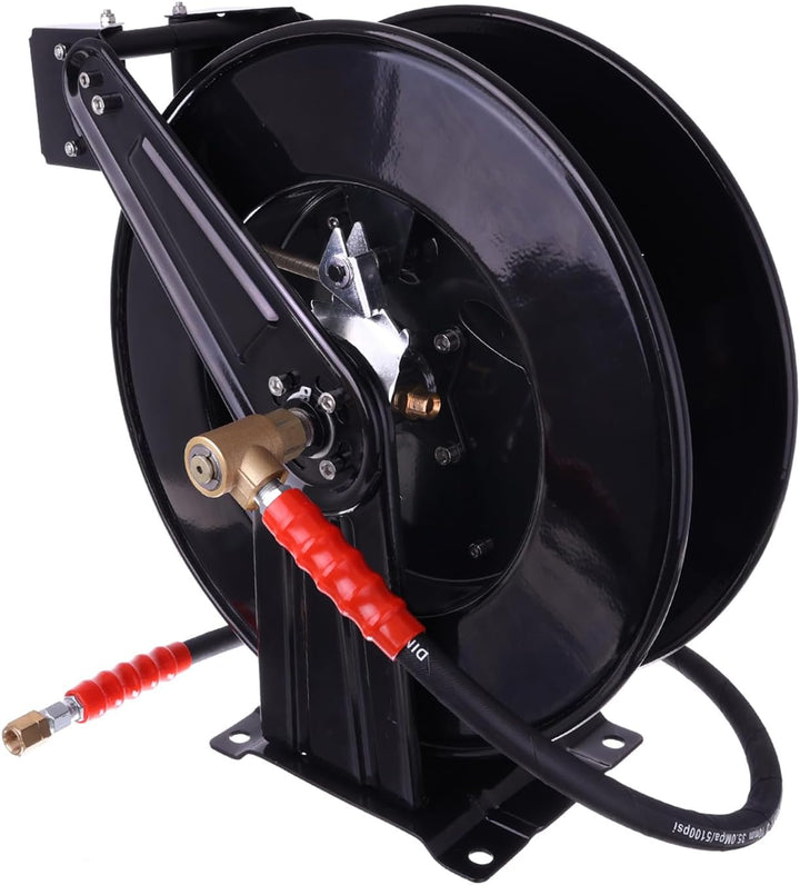 TECHKAR Automatischer Schlauchaufroller + 15m Schlauch DN8 + Schlauchverbinder, für Hochdruckgeräte,