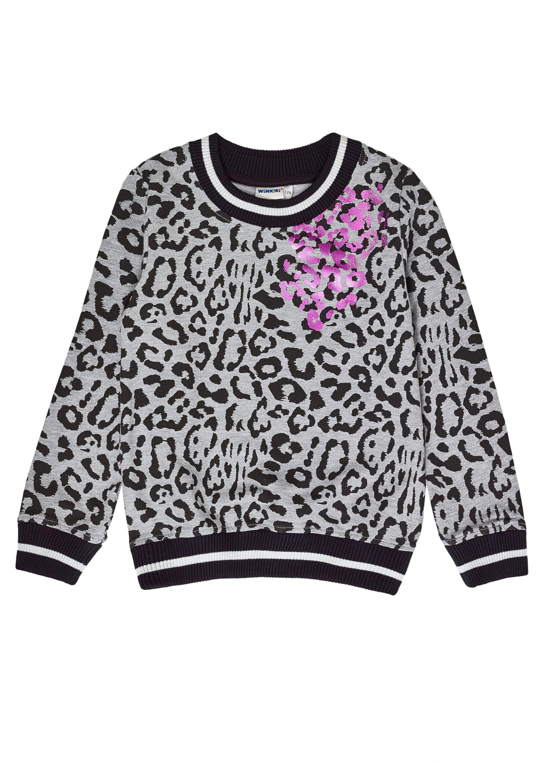 Winkiki Kinder Teenager Mädchen Pullover Leopardenmuster Longsleeve Langarm. Grau 128, Grau 128