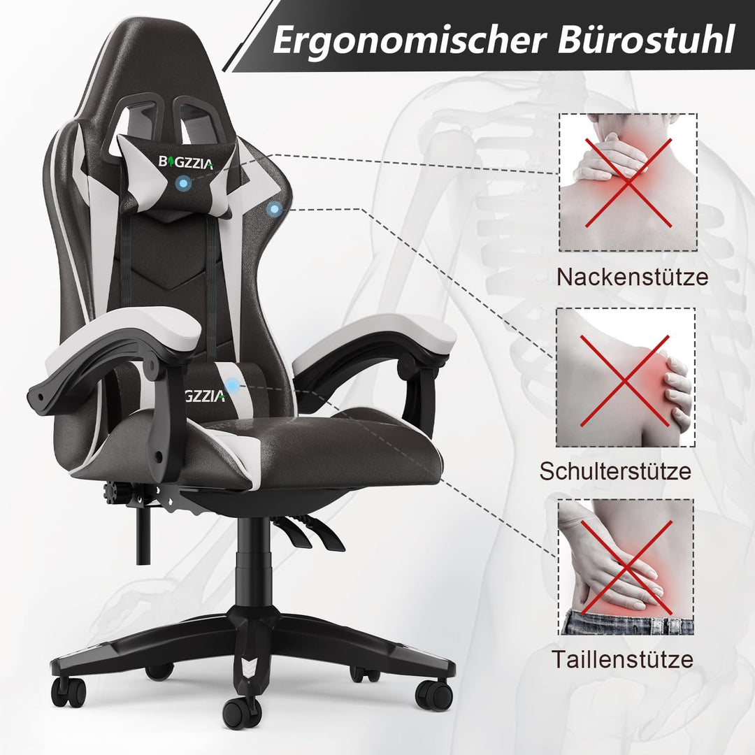 Racingreat Ergonomischer Gaming-Stuhl, Zockersessel mit Kopfstütze und Lendenwirbelstütze, Höhen- un