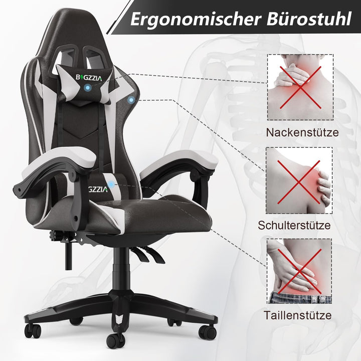 Racingreat Ergonomischer Gaming-Stuhl, Zockersessel mit Kopfstütze und Lendenwirbelstütze, Höhen- un