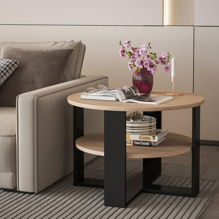 defiPad Couchtisch rund Eiche Ø70 cm - Beistelltisch mit Ablage - Sonoma Eiche - 2 Ebenen, runder mo