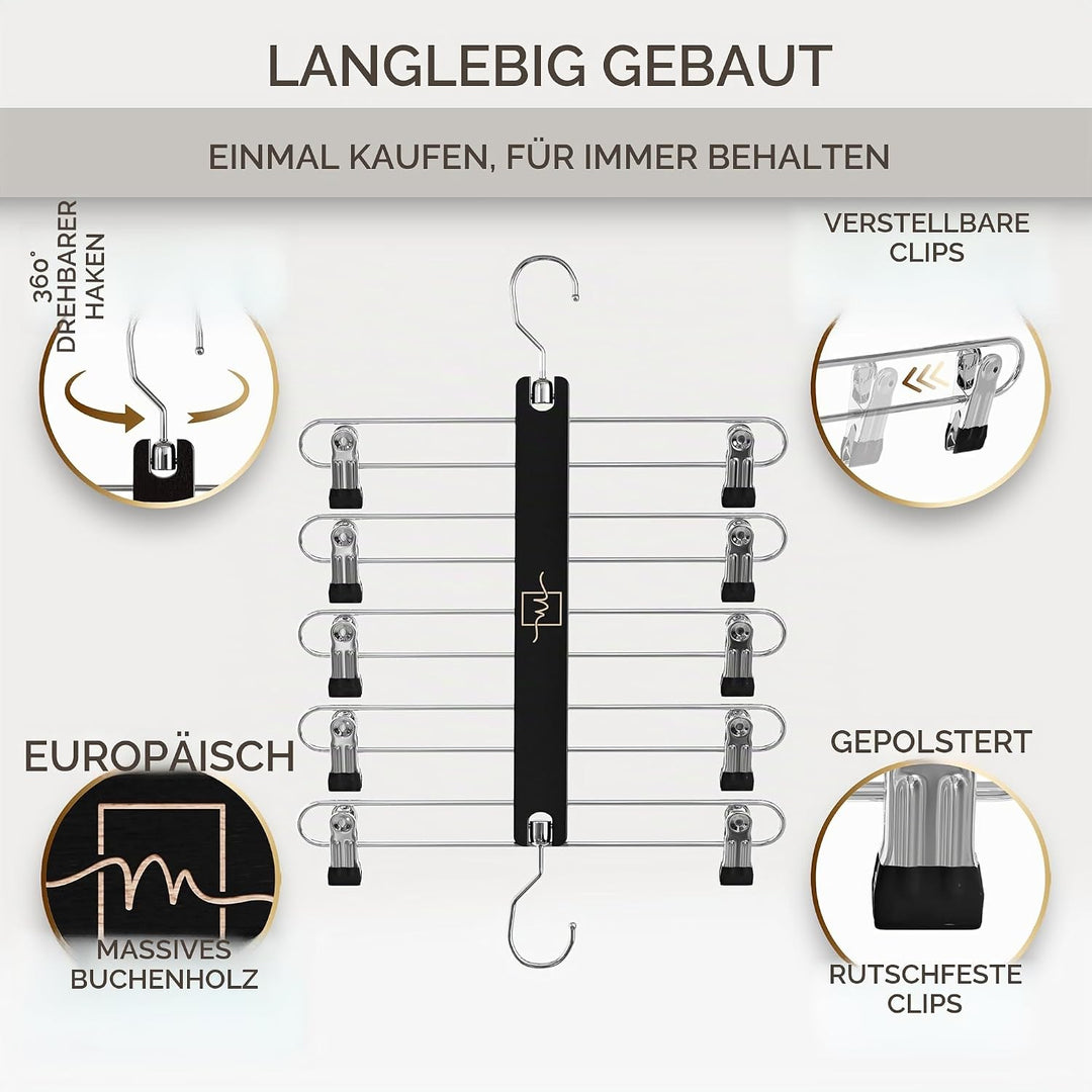 MORALVE Rockbügel Platzsparend mit Clips - 2er-Pack - 5-stöckiger Kleiderbügel aus europäischer Buch