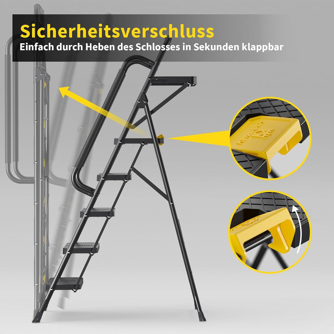 KINGRACK Leiter 5 Stufen mit Werkzeugplattform, trittleiter 5 Stufen klappbar mit Handläufen, stabil