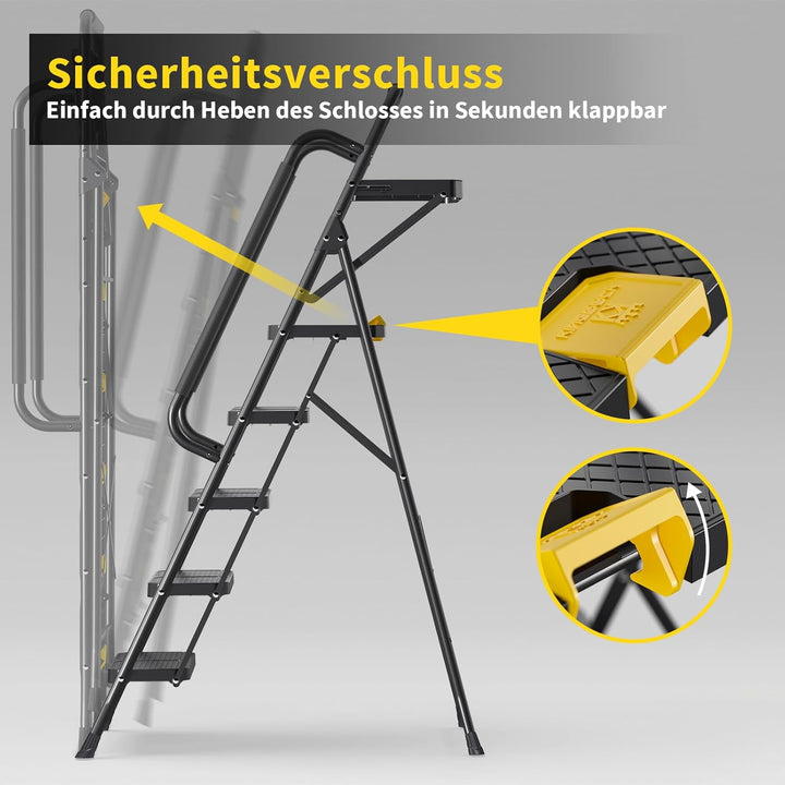KINGRACK Leiter 5 Stufen mit Werkzeugplattform, trittleiter 5 Stufen klappbar mit Handläufen, stabil