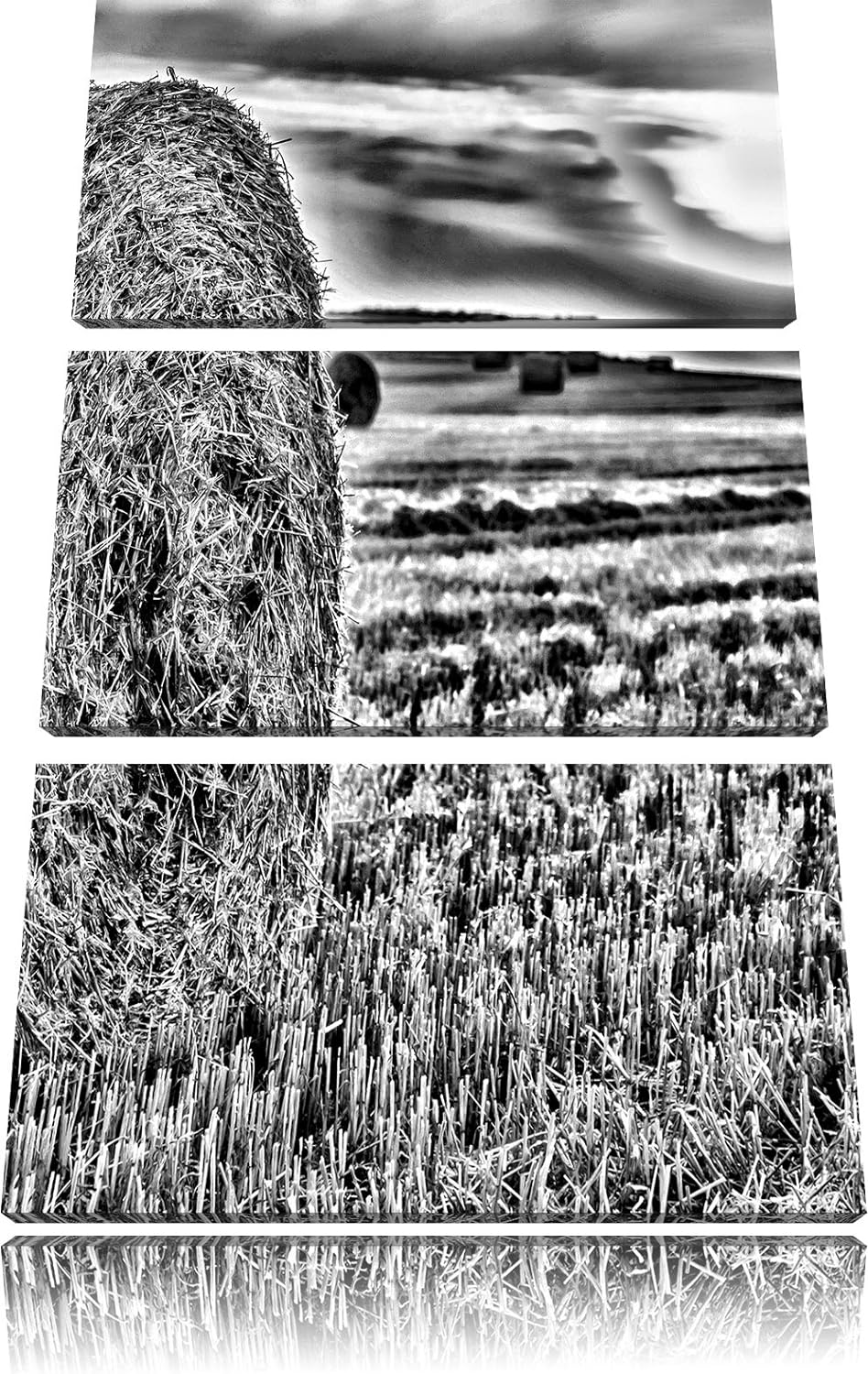 Pixxprint Strohballen auf Feld als Leinwandbild/Grösse: 3 Teilig (120x80) cm/Wandbild/Kunstdruck/fer