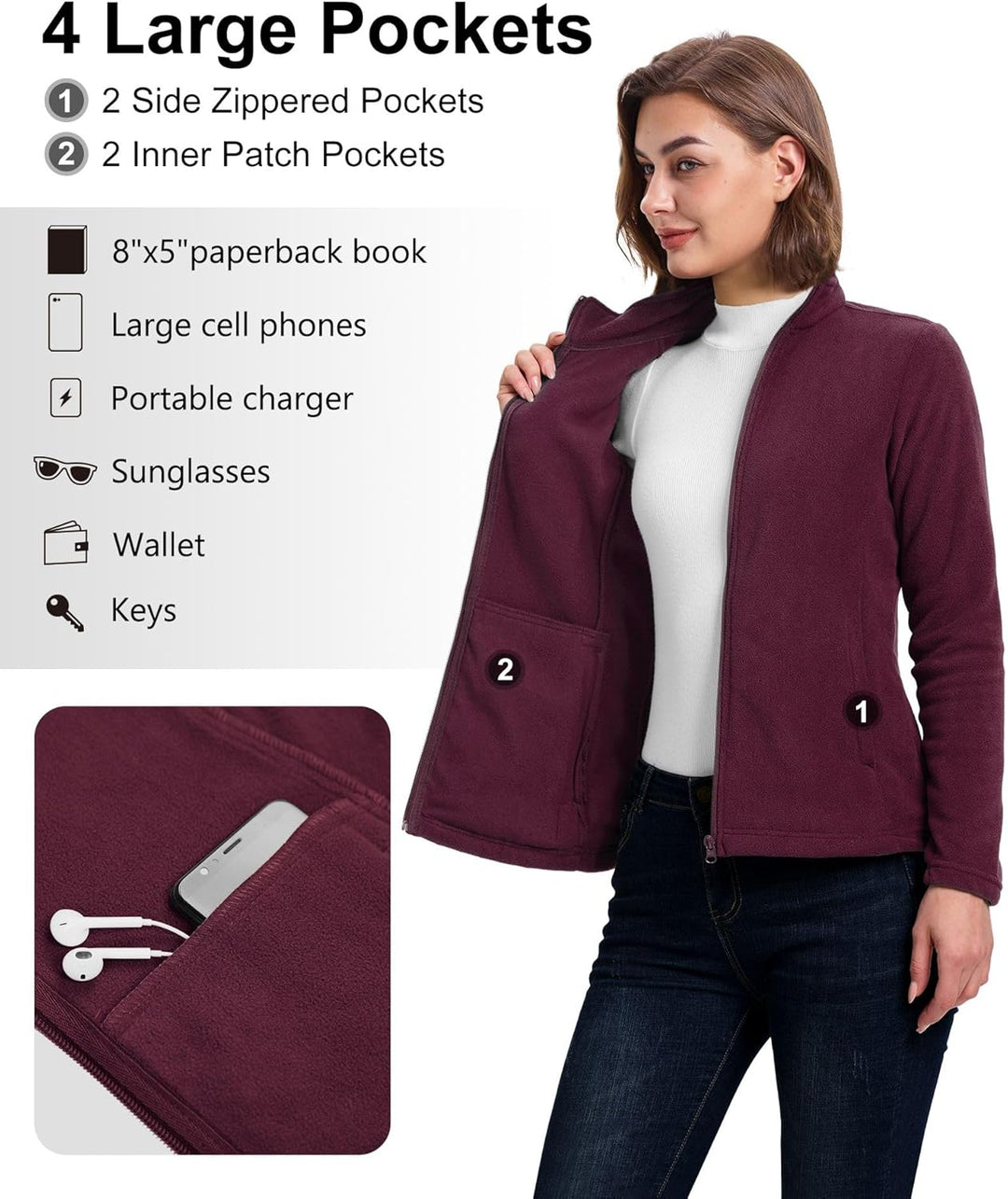 33,000ft Damen Fleecejacke mit Durchgehendem Reissverschluss Stehkragen Damen Leichte Fleece Jacke A