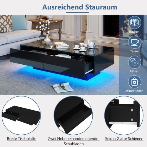 Merax Moderner Schwarzer Hochglanz-Couchtisch mit LED-Beleuchtung und 2 Schubladen – 115x55x34 cm, K