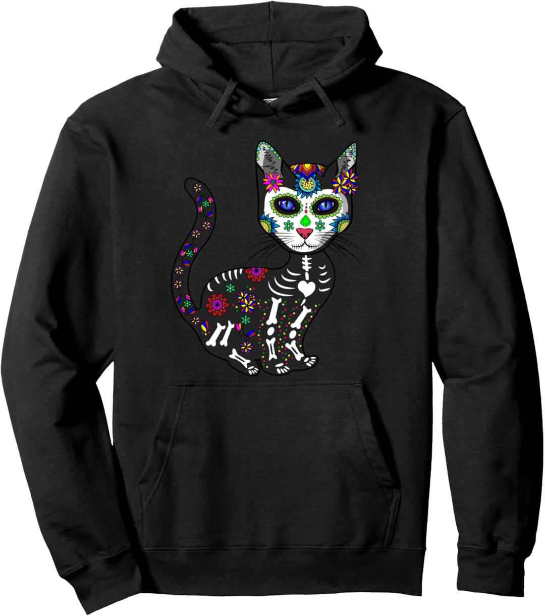 Craneo De Gato Sugar Skull - Bunte Day Of The Dead Katze Pullover Hoodie