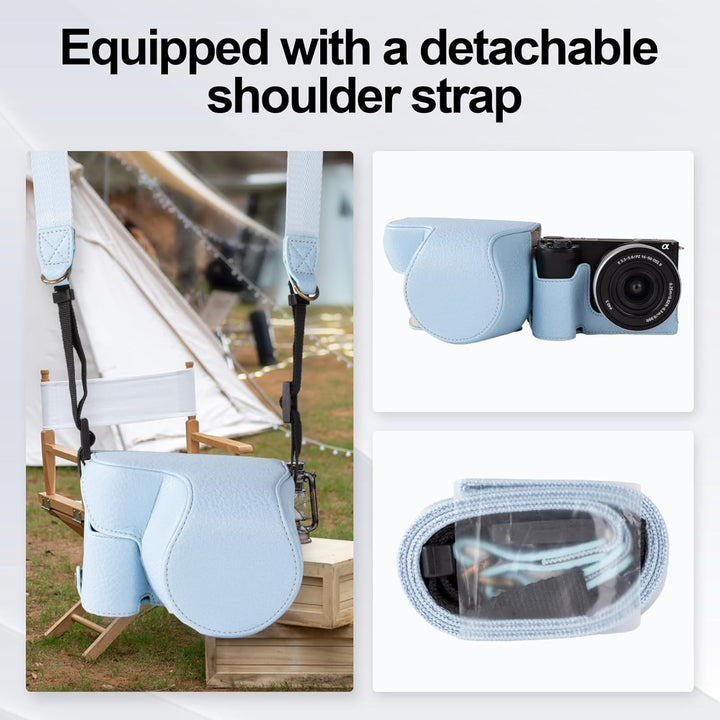 Rieibi Sony ZV-E10 Kameratasche für 16–50 mm Objektiv, Leder-Kameratasche mit Schultergurt Blue, Blu