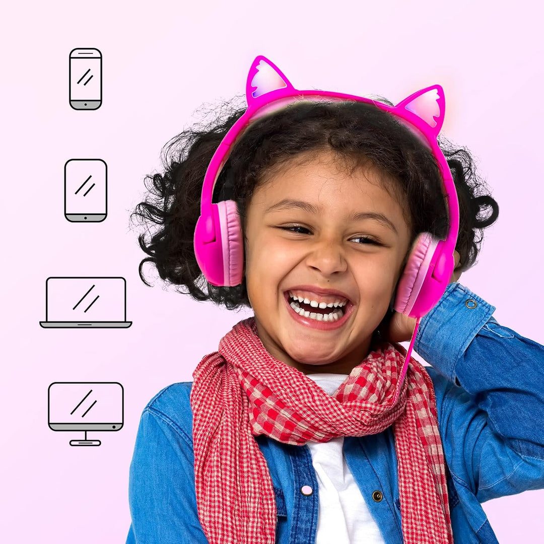 Olyre Toddlers Headphones with Microphone-85dB Safe Volume Limited and LED Light Up cat Ears Wired H