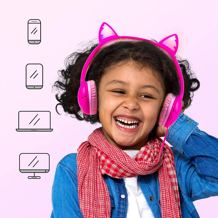 Olyre Toddlers Headphones with Microphone-85dB Safe Volume Limited and LED Light Up cat Ears Wired H