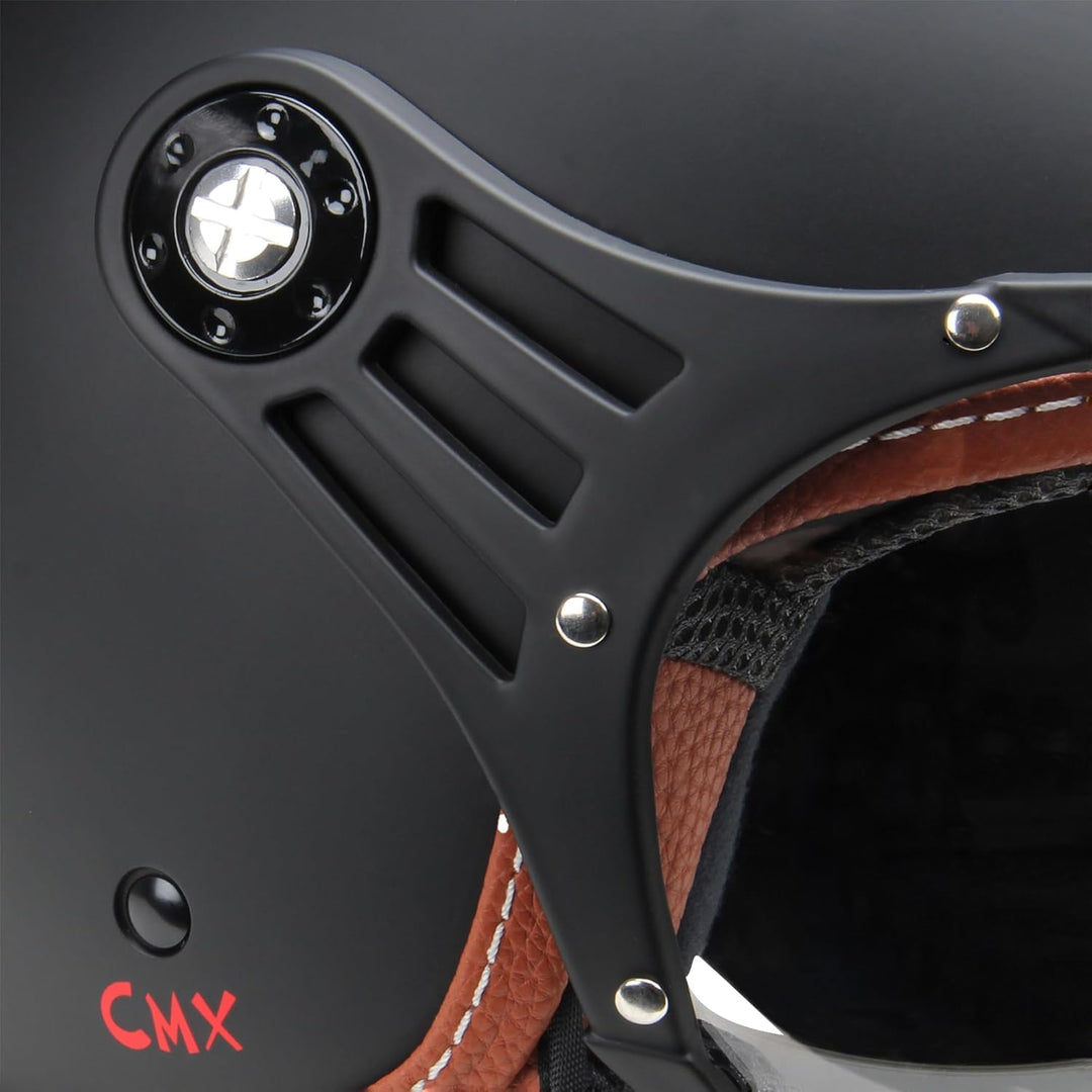 Motorradhelm Jethelm Rollerhelm CMX Hazel Grösse M matt schwarz mit braunem Leder und klarem Visier,