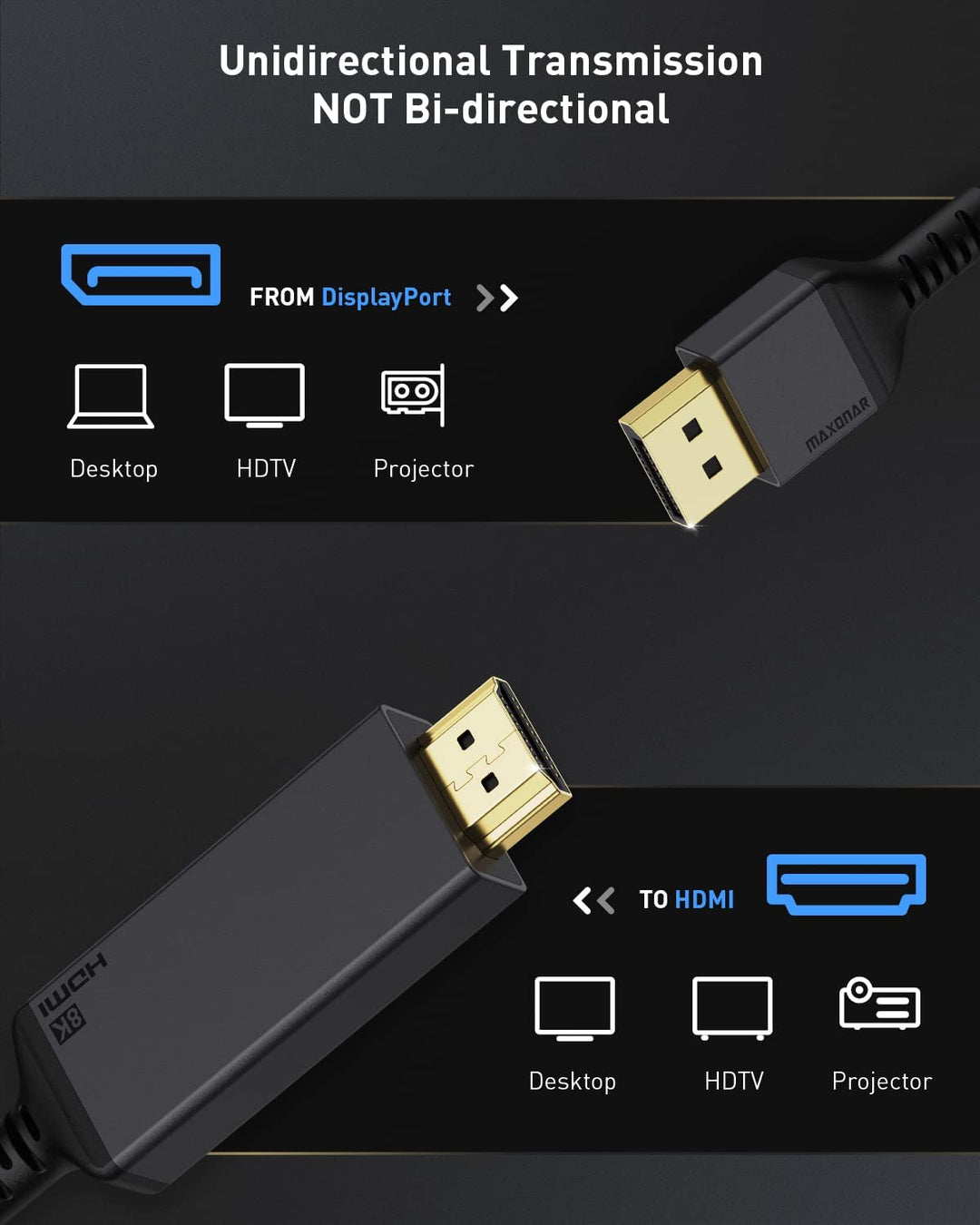 DisplayPort 1.4 auf HDMI 2.1 8K Kabel,Maxonar DP auf HDMI-Kabel 2m(6.6ft),[Aluminiumgehäuse,Nylongef