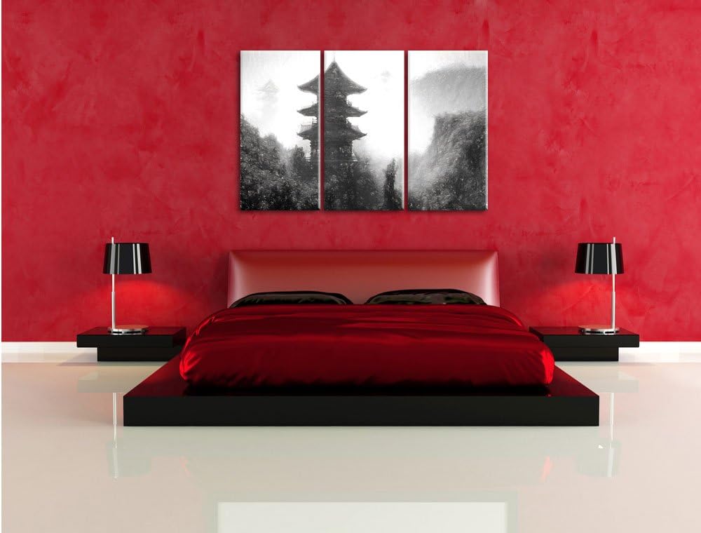 Pixxprint chinesische Häuser Kunst / 3-Teilig/Gesamtmass 120cm Leinwandbild bespannt auf Holzrahmen/
