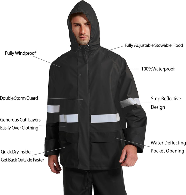 Regenanzug Herren Warnschutz Wasserdicht - PU Regenjacke & Latzhose, Regenbekleidung mit 360° Reflek