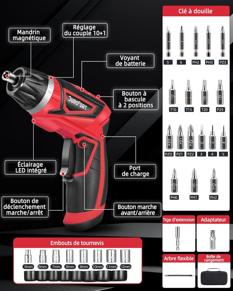 DuroFort 8V Elektrischer Mini Cordless Akkuschrauber, 5.5Nm Kleiner Akkuschrauber Mit LED-Licht,30 B