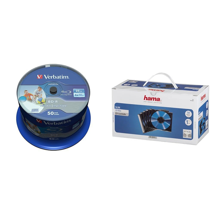 Verbatim BD-R SL Datalife 25 GB - Blu-Ray-Disk &amp; Hama CD Leerhüllen Schutzhülle (50er Pack, Slim Lin