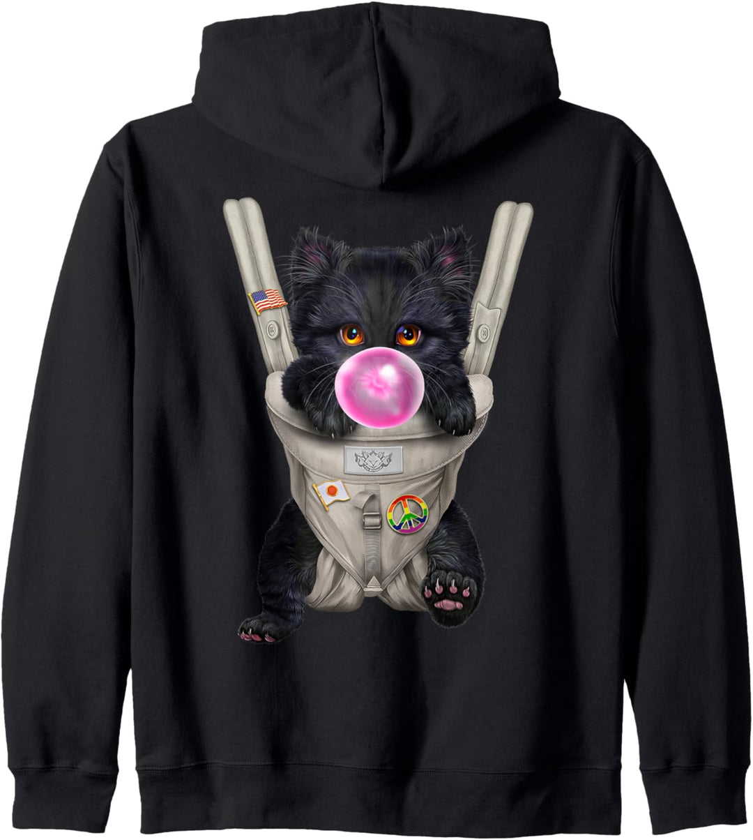 Schwarze Katze mit Kaugummi in der Babytrage Kapuzenjacke