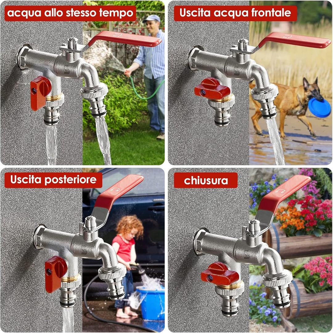 SPGOOD Premium Garten Wasserhahn, 1/2 Doppel Messing Wasserhahn Rost- + mit 2 Schlauchanschlüsse + 1