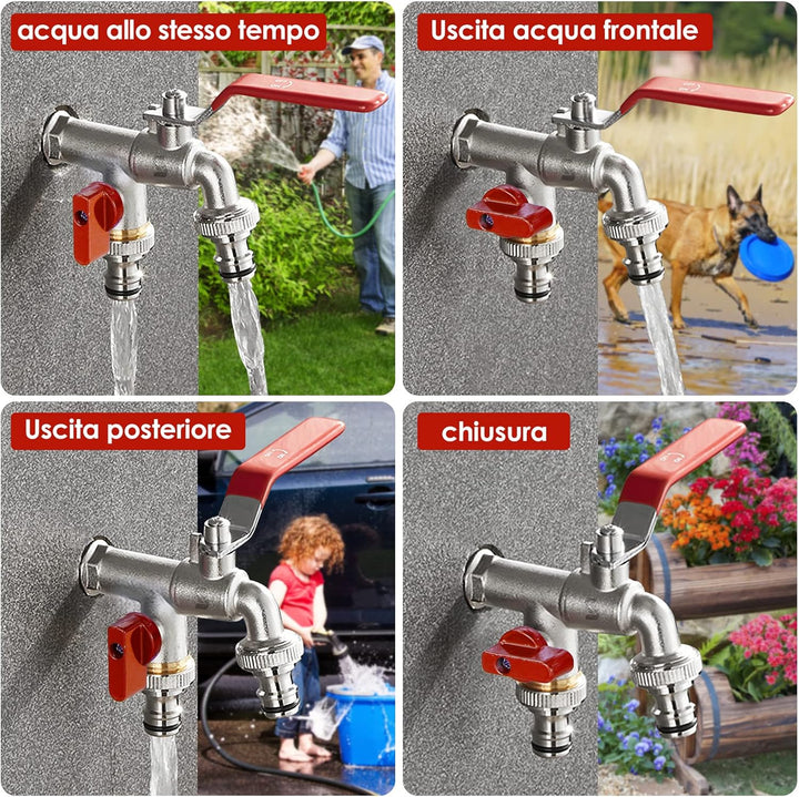 SPGOOD Premium Garten Wasserhahn, 1/2 Doppel Messing Wasserhahn Rost- + mit 2 Schlauchanschlüsse + 1