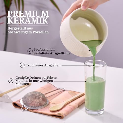 Matcha Set mit Matcha Pulver - Weiss - Matcha Tee Set 8-teilig mit Pulver 90g - Schale, Besen & Zube