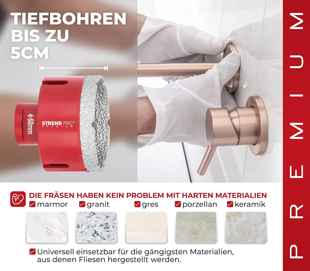 Diamant Bohrkrone Fliesen 68mm für Steckdose | PREMIUM Feinsteinzeug Bohrer 68mm für Winkelschleifer