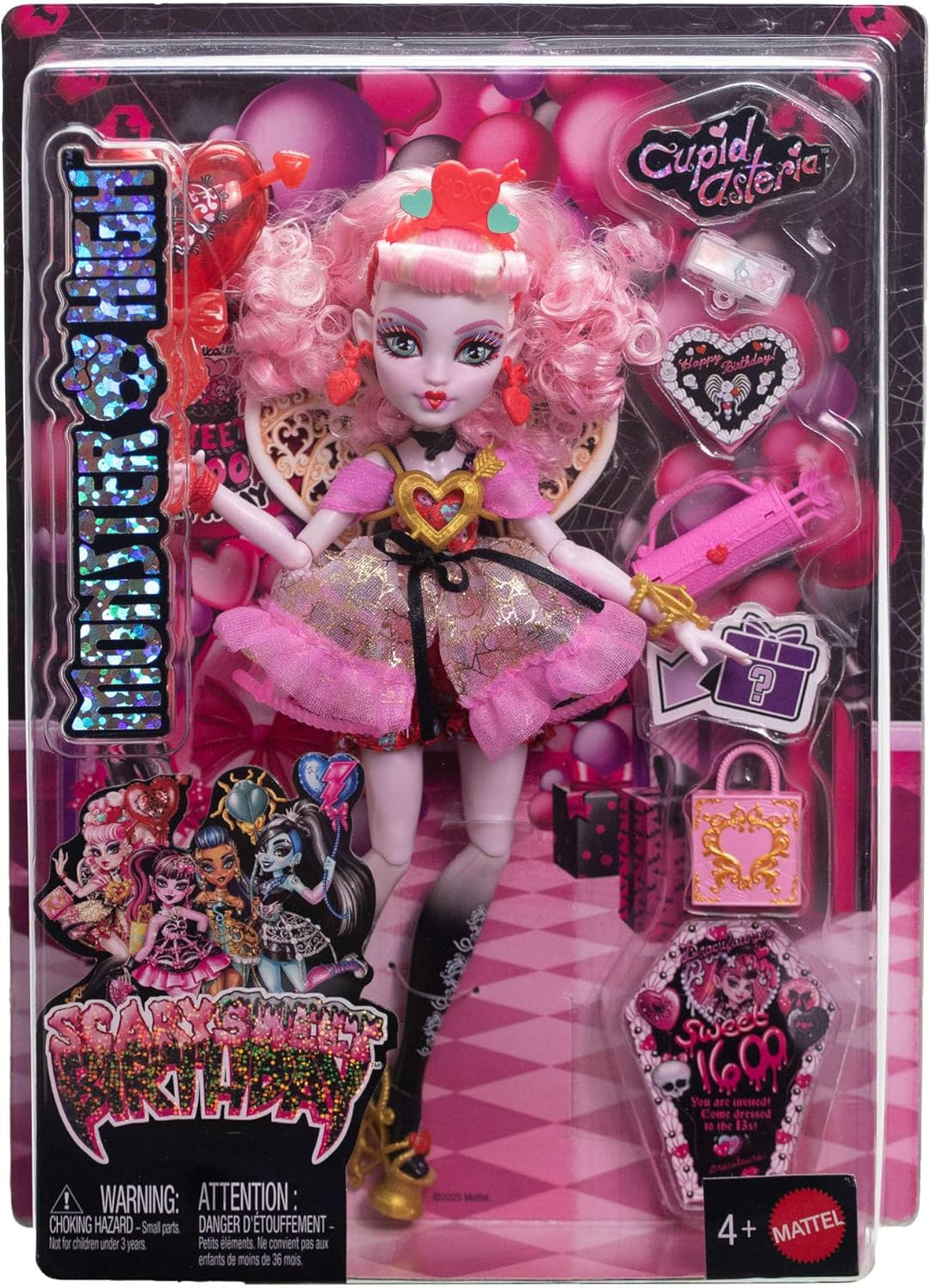 Monster High Scary Sweet Birthday-Puppe, Cupid Asteria im rosa und roten Partykleid mit themenbezoge