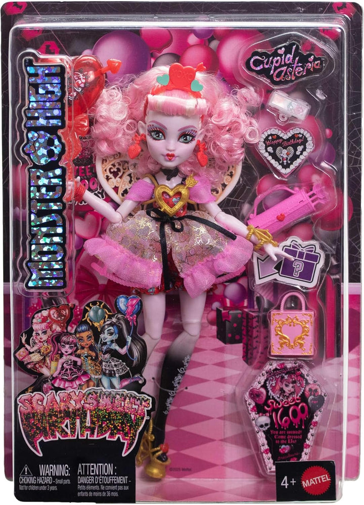 Monster High Scary Sweet Birthday-Puppe, Cupid Asteria im rosa und roten Partykleid mit themenbezoge