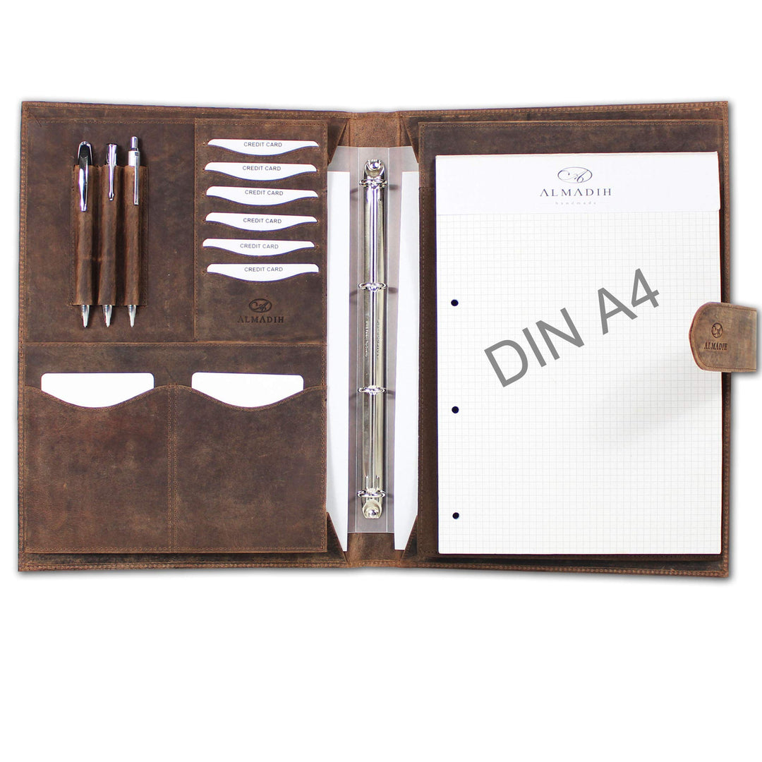 ALMADIH Leder A4 Konferenzmappe mit herausnehmbarem Ringbuch Schreibblock Premium Rindsleder Braun V