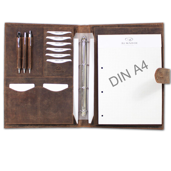 ALMADIH Leder A4 Konferenzmappe mit herausnehmbarem Ringbuch Schreibblock Premium Rindsleder Braun V