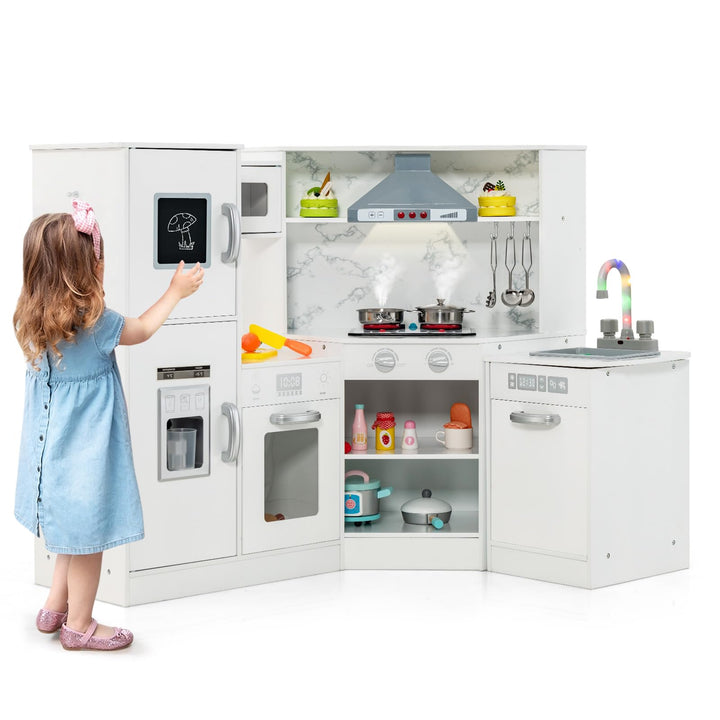 HOMASIS Eck Kinderküche Holz, Spielküche mit Licht, Sound &amp; Dampf, inkl. 16 Zubehör, Spielzeugküche