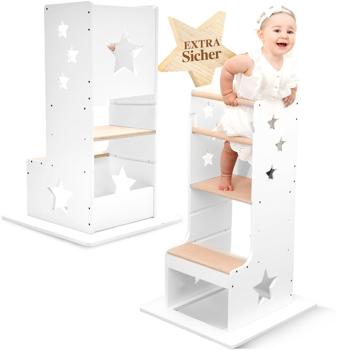 Kids Woody Star® Lernturm ab 1 Jahr [360° KIPPSCHUTZ] Höhenverstellbar Learning Tower Lernturm Monte