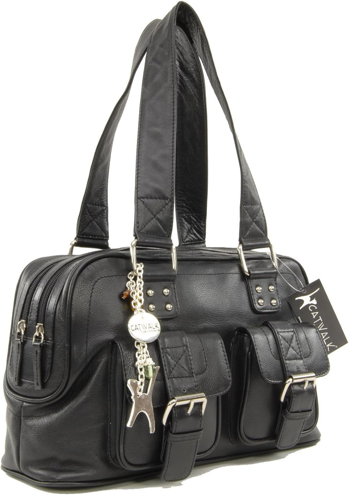 Catwalk Collection Handbags - Leder - Top Griff Handtasche - CAROLINE Schwarz, Schwarz