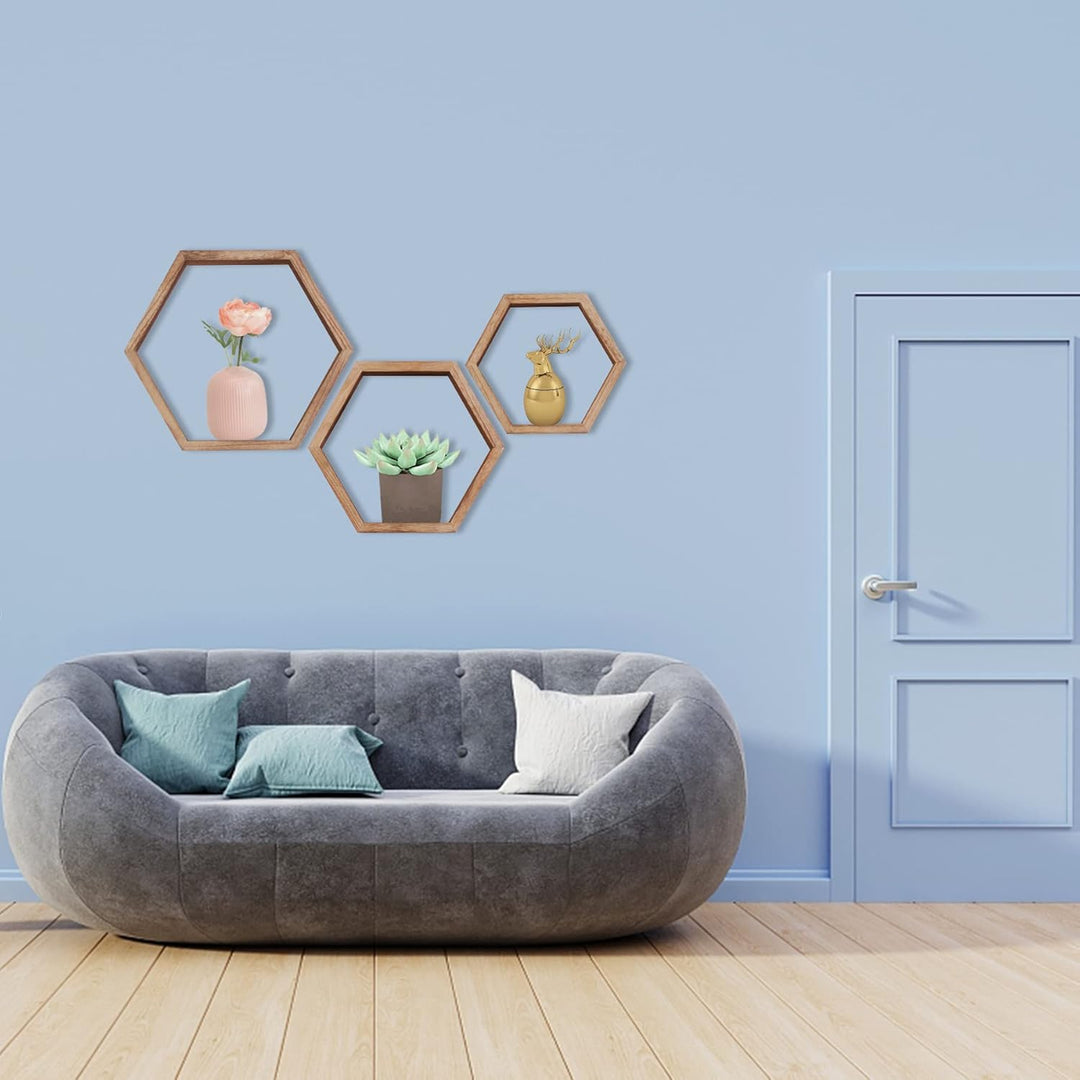 MITREL Hexagon Wandregal, Wohnzimmer Deko Wand, Holz Hängeregal für Schlafzimmer, 3er-Set(Karbonisie