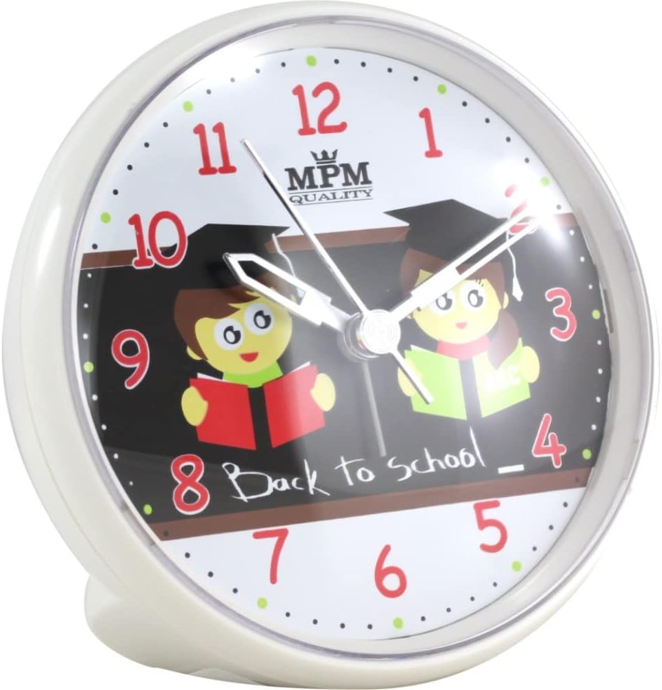 MPM Quality Design Kinder Wecker aus Kunststof, Motiv Schule, Quarz-Uhrwerk Sweep, LED Lichtfunktion