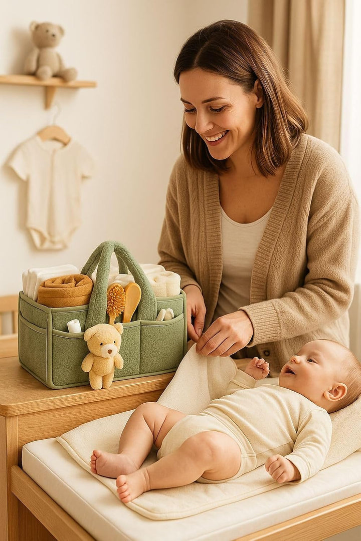 Cutties and Giggles Baby-Windel-Organizer mit Teddy, grosser Windel-Aufbewahrungskorb mit Griffen un