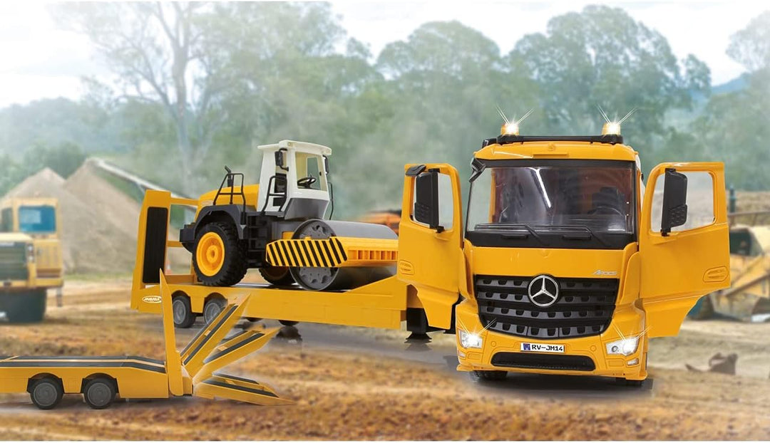 JAMARA 405107 - Tieflader Mercedes Arocs 1:20 2,4GHz - An- und Abkoppeln , Tiefladerabstützung + Ram