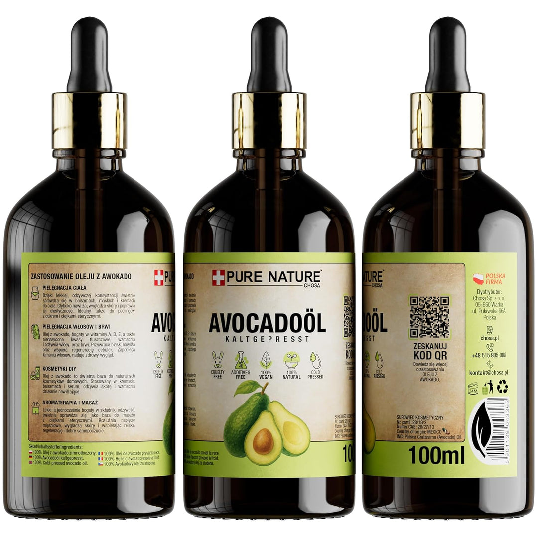 CHOSA Bio Avocadoöl Kaltgepresst Nativ 100 ml - Avocado Öl 100% Reines ohne Zusatzstoffe - Avocado O