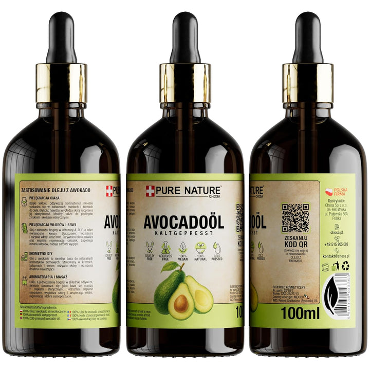 CHOSA Bio Avocadoöl Kaltgepresst Nativ 100 ml - Avocado Öl 100% Reines ohne Zusatzstoffe - Avocado O