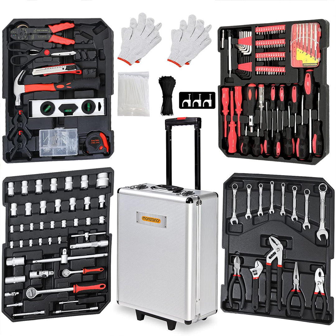 MONZANA® 1050 tlg. Werkzeugtrolley CrV-Stahl Werkzeugkoffer Aluminiumkoffer mit Rollen Teleskopgriff