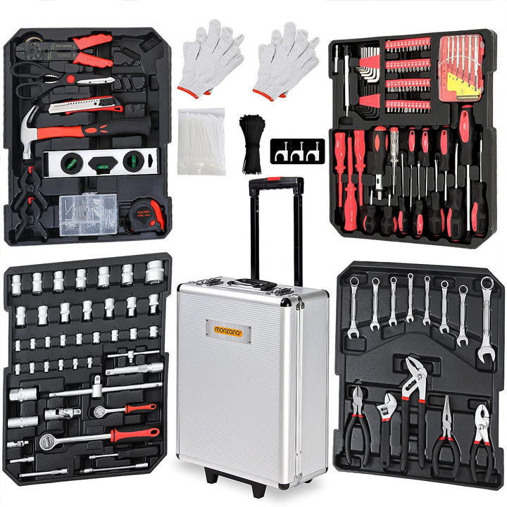 MONZANA® 1050 tlg. Werkzeugtrolley CrV-Stahl Werkzeugkoffer Aluminiumkoffer mit Rollen Teleskopgriff