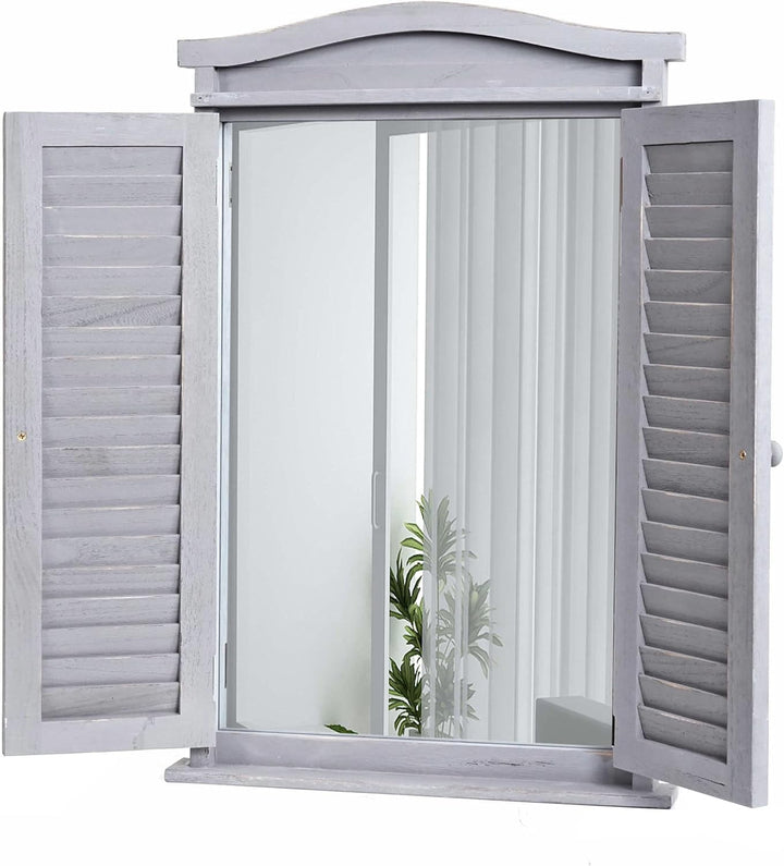 Mendler Wandspiegel Badspiegel Badezimmer Spiegelfenster mit Fensterläden, 71x46x5cm - Shabby grau,
