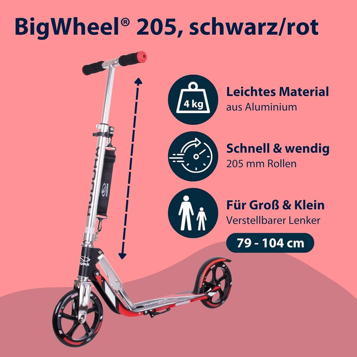 HUDORA BigWheel 205 Scooter - Stabiler Aluminium-Roller - Höhenjustierbarer &amp; zusammenklappbarer Cit